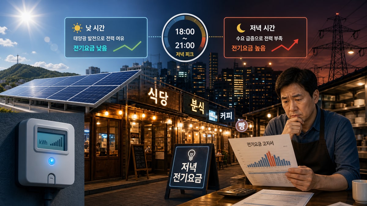 저녁 상권과 전기요금 고지서, 낮 시간 태양광 발전과 저녁 피크 요금제를 대비해 보여주는 대표 이미지