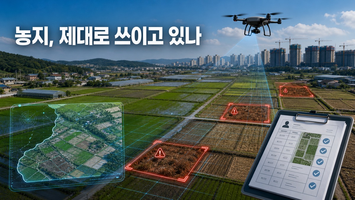 드론과 AI 스캔으로 농지 이용 실태를 점검하고 방치된 필지를 표시한 정책 기사 대표 이미지