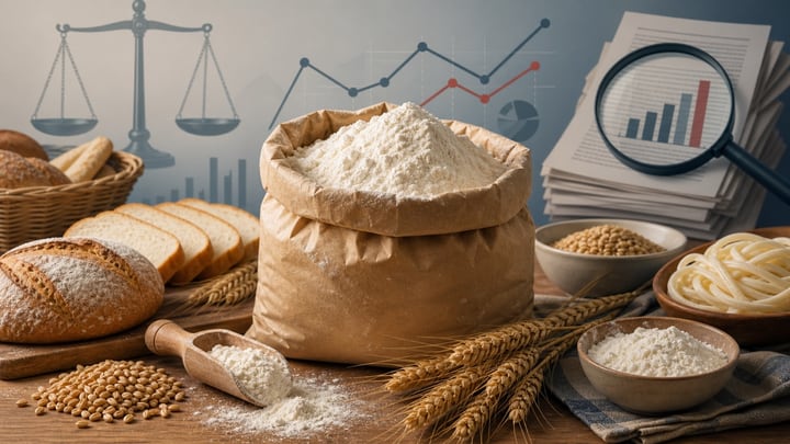 밀가루 포대와 빵, 면, 가격 그래프, 조사 문서가 함께 놓인 밀가루 담합 사건 대표 이미지
