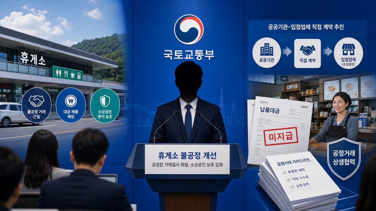 국토교통부 브리핑과 고속도로 휴게소, 소상공인 보호 대책을 표현한 대표 이미지