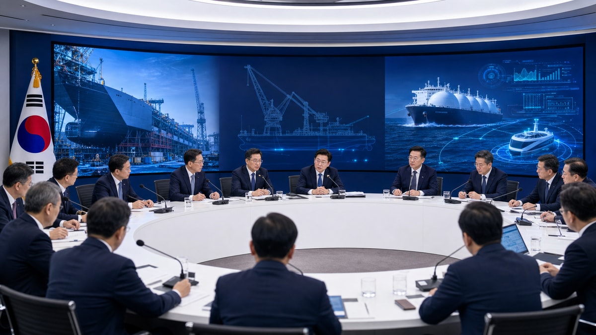 한국 조선업 미래 전략 회의에서 LNG 운반선과 스마트 조선소 디지털 화면을 배경으로 논의하는 참석자들