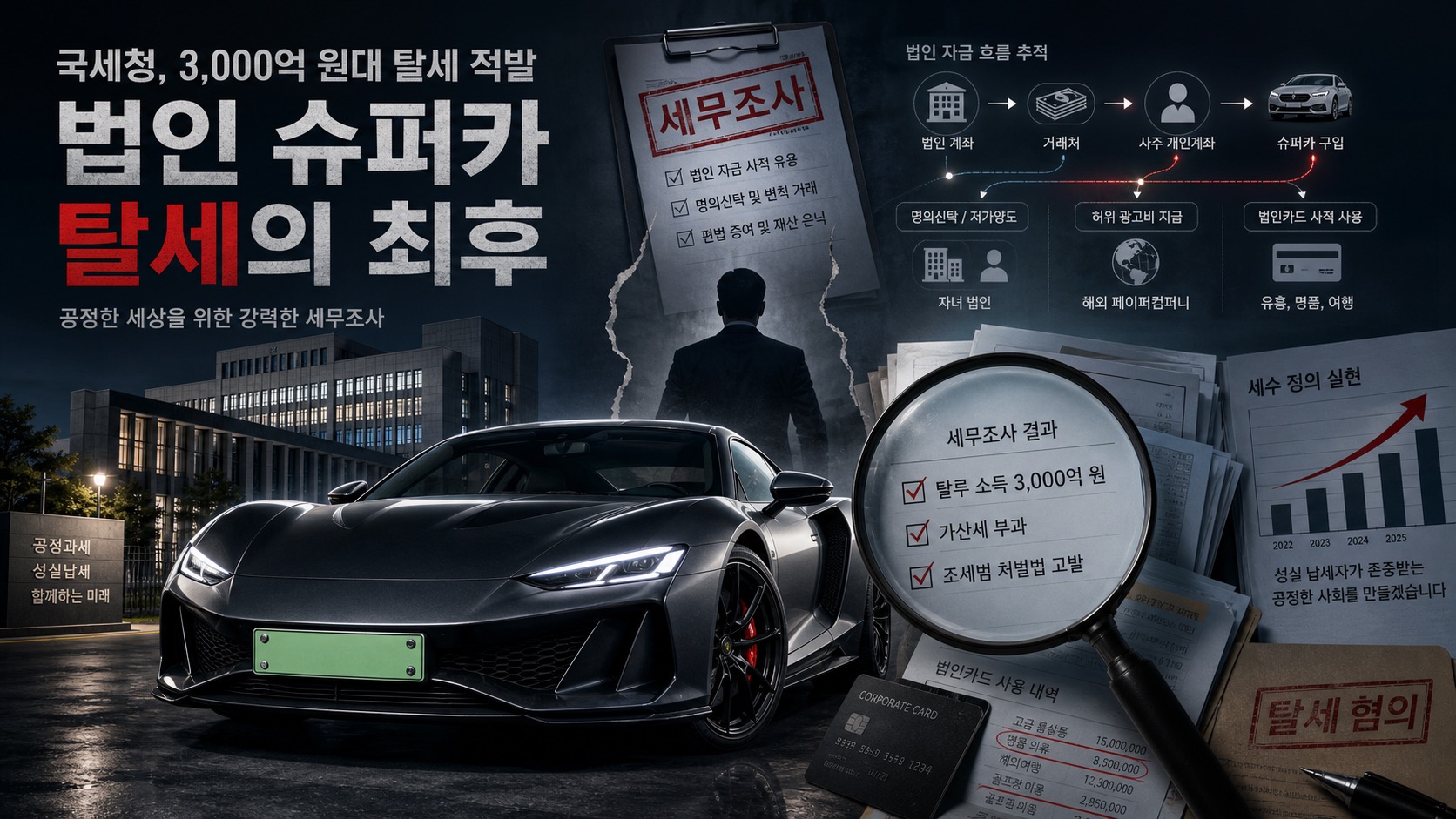 연두색 법인 번호판을 단 슈퍼카와 세무조사 서류, 자금 흐름 추적 그래픽이 함께 보이는 대표 이미지