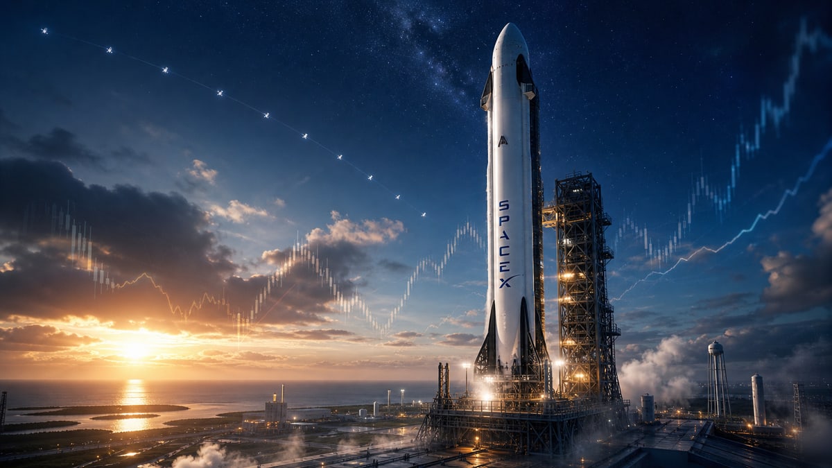 거대한 로켓에 SpaceX 로고가 보이고 하늘에는 위성과 시장 그래프가 겹쳐진 스페이스X IPO 대표 이미지