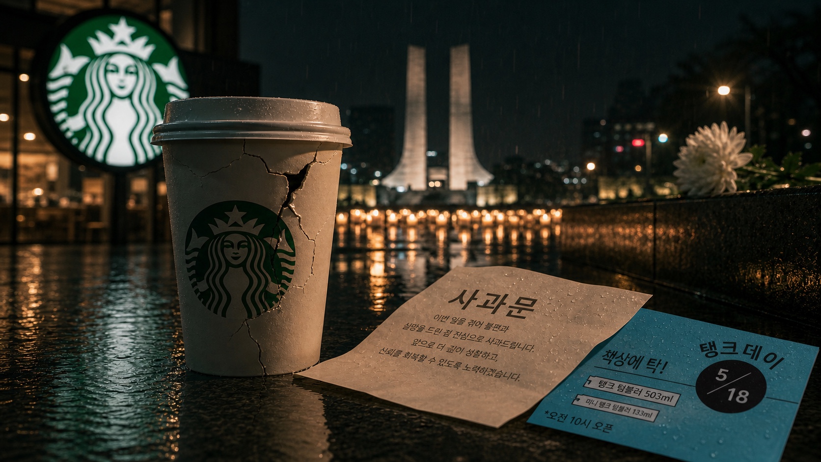 비 오는 밤 스타벅스 로고가 보이는 매장 앞에 금이 간 커피컵, 사과문, 탱크데이 홍보 카드가 놓인 대표 이미지