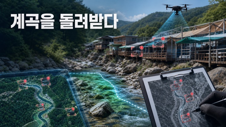 계곡 물길 옆 불법 시설물을 드론과 위성 판독 화면으로 탐지하는 정책 기사 대표 이미지