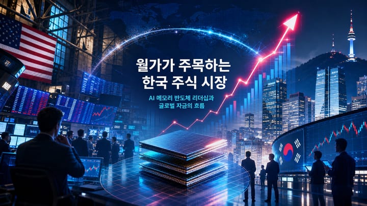 뉴욕과 서울 금융시장을 배경으로 반도체와 상승 차트, 글로벌 자금 흐름이 표현된 대표 이미지