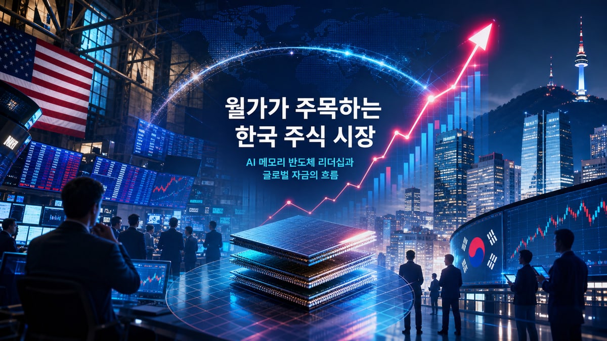뉴욕과 서울 금융시장을 배경으로 반도체와 상승 차트, 글로벌 자금 흐름이 표현된 대표 이미지