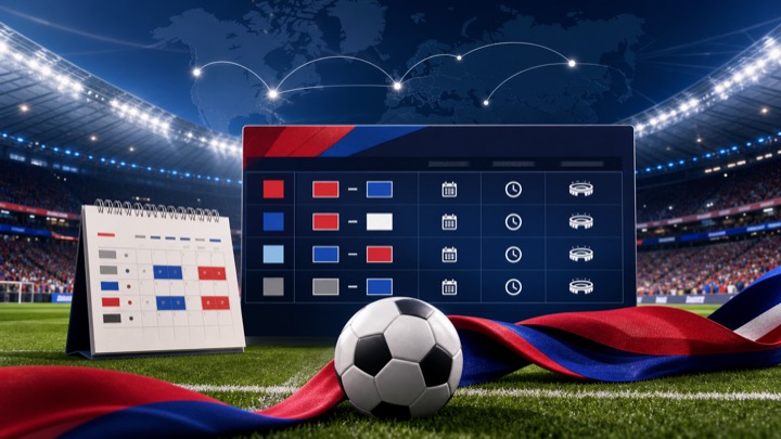 2026 월드컵 경기일정과 한국 조별리그 일정을 상징하는 축구장, 축구공, 일정표, 달력, 붉은색과 파란색 리본 이미지