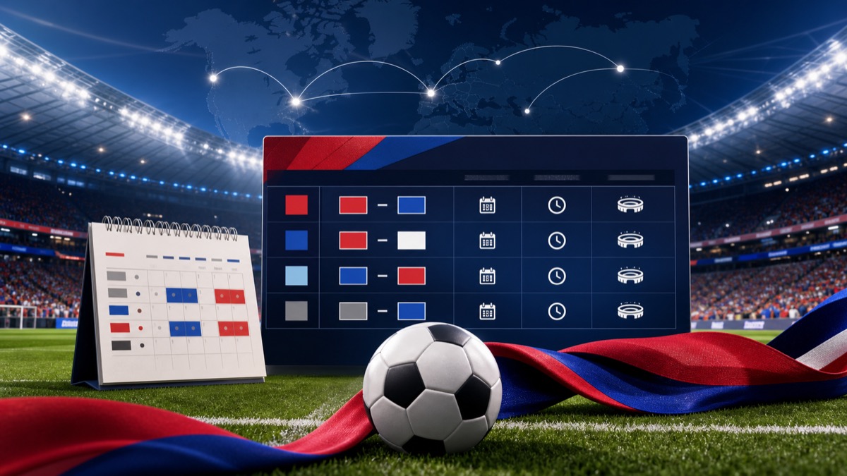 2026 월드컵 경기일정과 한국 조별리그 일정을 상징하는 축구장, 축구공, 일정표, 달력, 붉은색과 파란색 리본 이미지