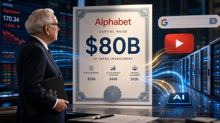 AI 인프라 투자 문서와 자금 흐름, 버크셔 투자자를 상징하는 실루엣, 구글 플랫폼을 연상시키는 아이콘이 함께 배치된 금융 뉴스 이미지