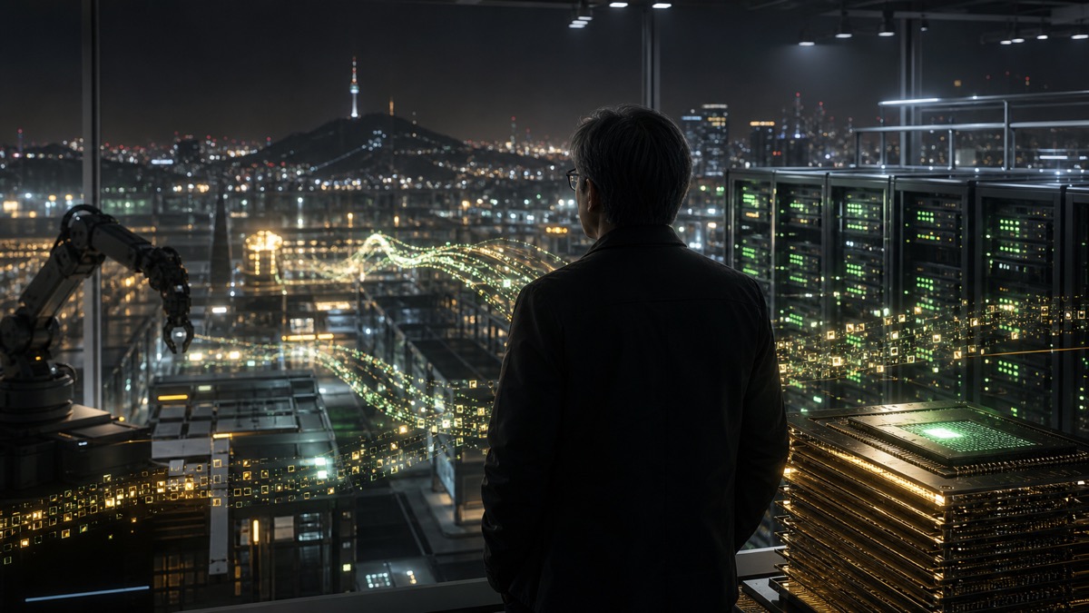 서울 야경과 AI 데이터센터를 배경으로 검은 재킷을 입은 기술 CEO 실루엣이 토큰 흐름, 서버 랙, 메모리 스택, 로봇 암을 바라보는 대표 이미지