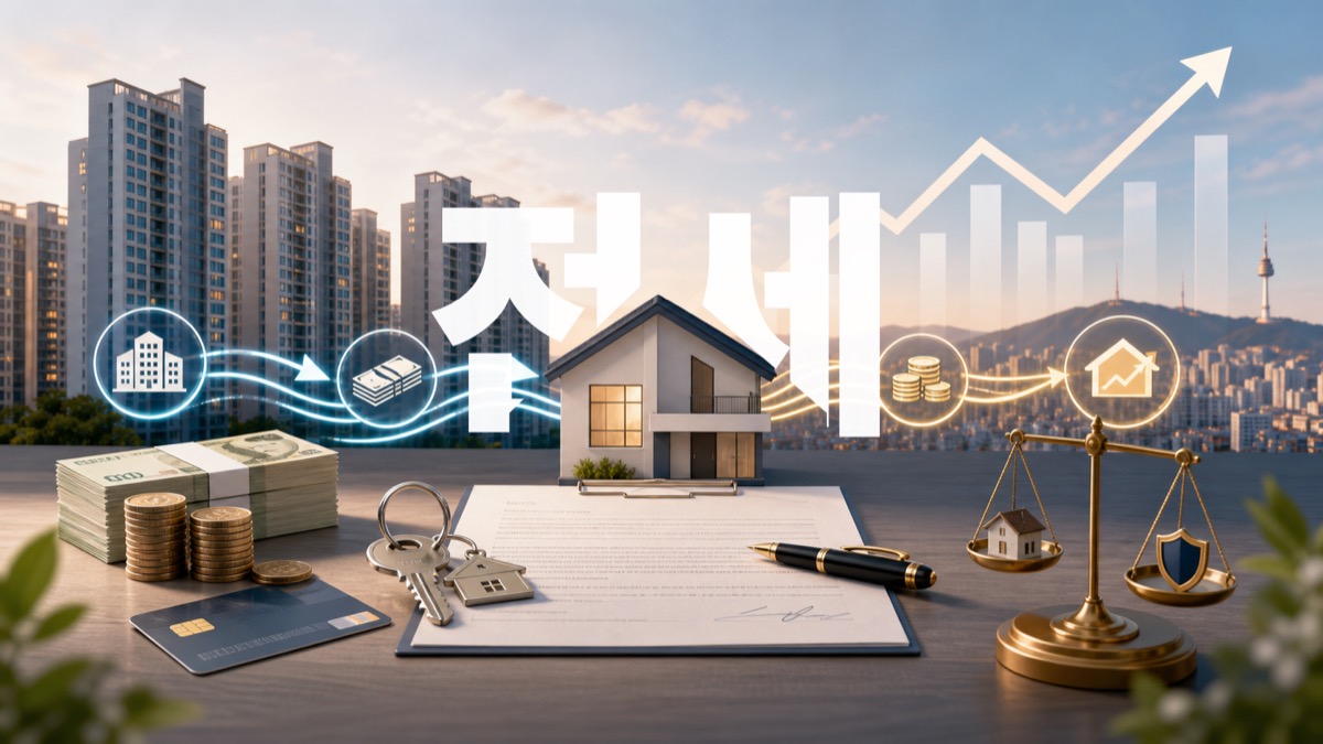 전세 문구가 중앙에 크게 표시되고 전세대출 폐지 이유와 집값 상승, 전세보증금 흐름, 주택시장 금융위험을 상징하는 서울 아파트와 계약서, 돈, 정책 저울 이미지