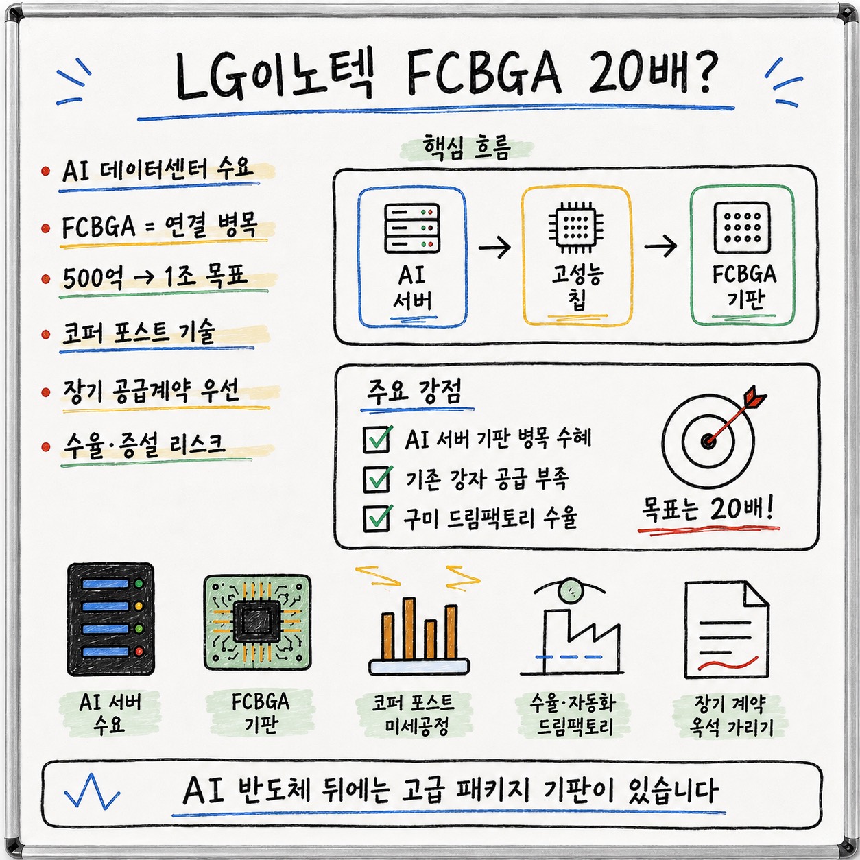 LG이노텍 FCBGA 20배 성장 가능성을 AI 데이터센터 수요, 연결 병목, 코퍼 포스트 기술, 장기 공급계약 관점으로 요약한 화이트보드 인포그래픽