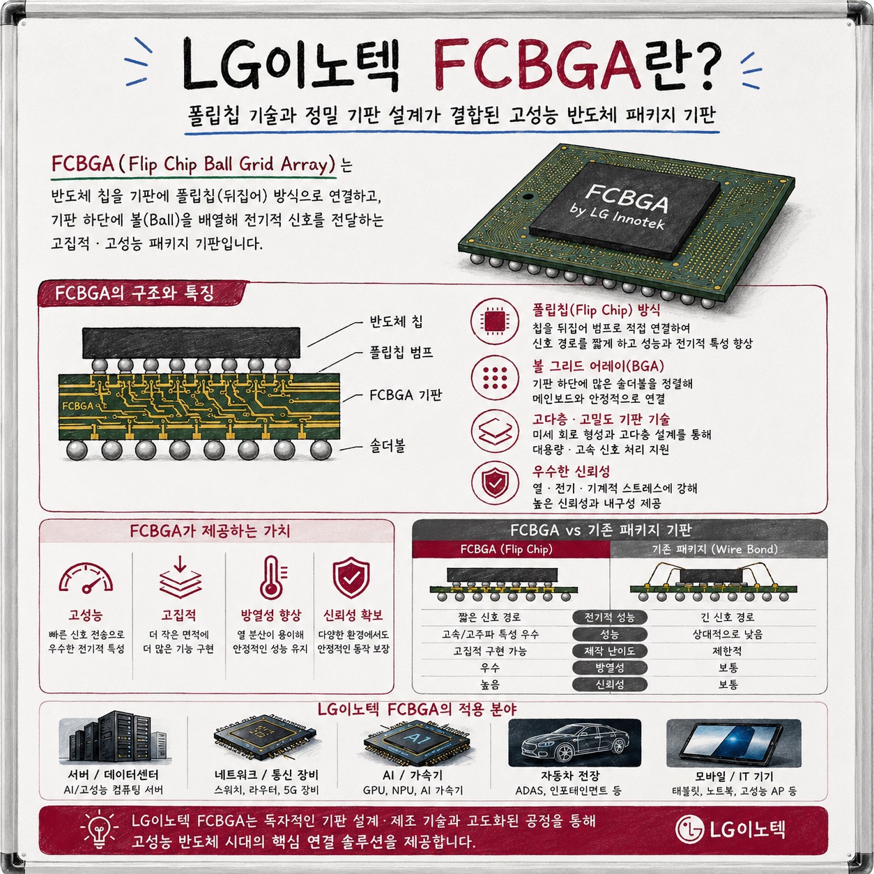 LG이노텍 FCBGA의 구조와 특징, AI 데이터센터 적용 분야를 화이트보드 스타일로 설명한 인포그래픽