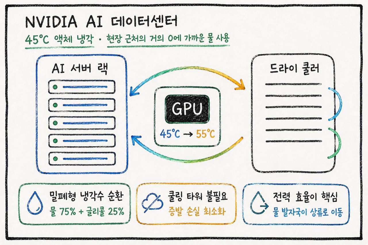 엔비디아 AI 데이터센터의 45도 액체냉각, 드라이쿨러, 밀폐형 냉각수 순환, 현장 물 사용 절감 구조를 요약한 화이트보드 인포그래픽