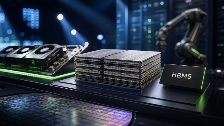 HBM5 메모리 스택과 AI 가속기, 데이터센터, 로봇 팔을 함께 배치해 삼성전자와 엔비디아의 AI 반도체 및 피지컬 AI 협력을 표현한 이미지