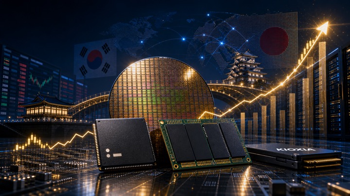 SK하이닉스 키옥시아 투자 재평가를 설명하기 위해 한국과 일본 반도체 공급망, 낸드 메모리, AI 데이터센터, 상승 그래프를 표현한 대표 이미지