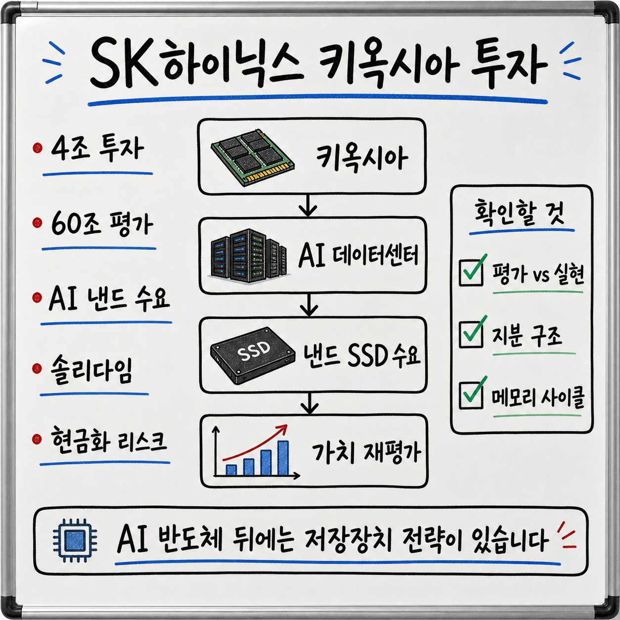 SK하이닉스 키옥시아 투자와 AI 낸드 수요, 솔리다임, 현금화 리스크를 한눈에 정리한 인포그래픽