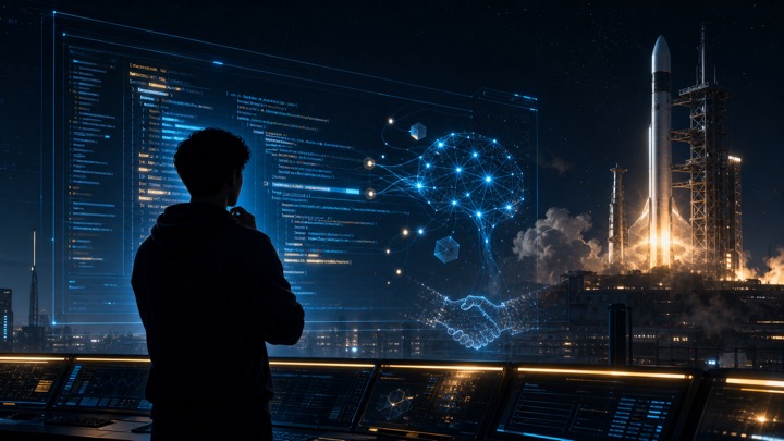 SpaceX Cursor 인수와 마이클 트루엘, AI 코딩 도구 전쟁을 표현한 로고 없는 로켓 발사장과 코드 에디터 대표 이미지