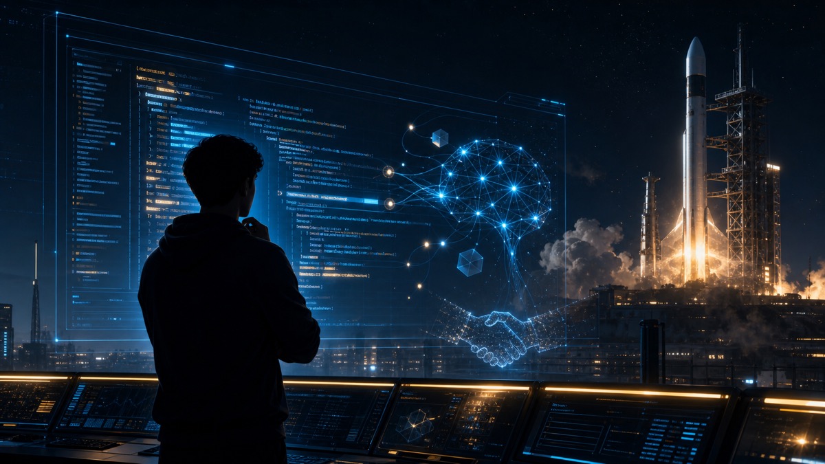 SpaceX Cursor 인수와 마이클 트루엘, AI 코딩 도구 전쟁을 표현한 로고 없는 로켓 발사장과 코드 에디터 대표 이미지