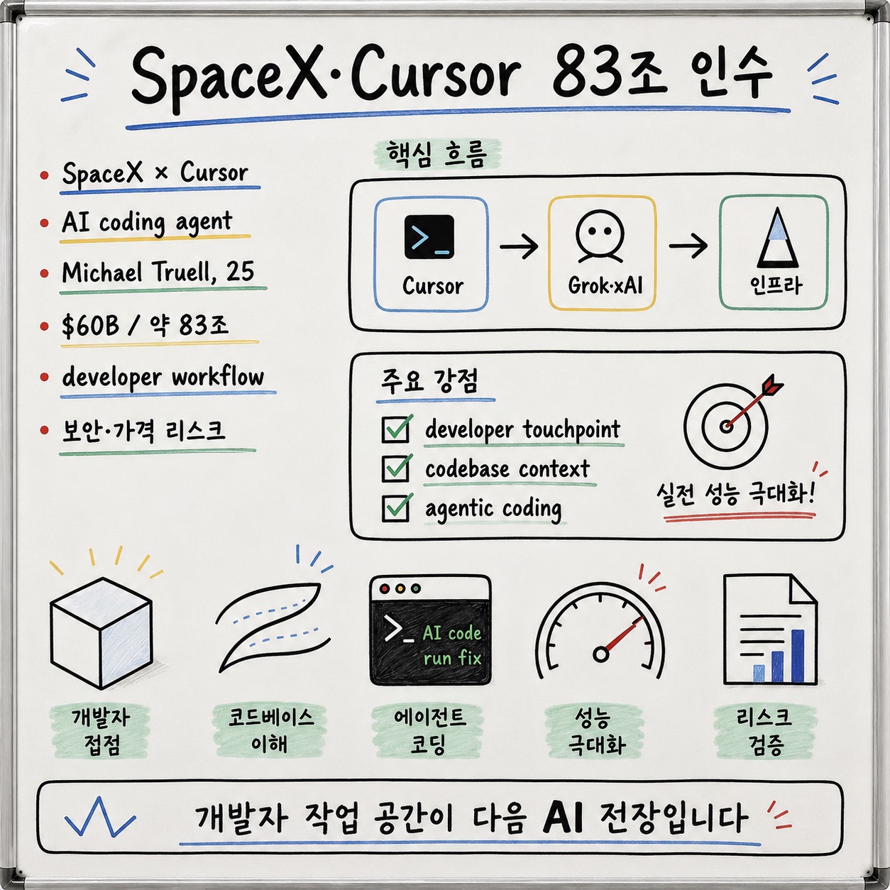 SpaceX Cursor 인수 보도를 600억 달러 규모, 마이클 트루엘, AI 코딩 에이전트, 개발 흐름과 모델·인프라 결합, 주요 리스크로 정리한 화이트보드형 인포그래픽