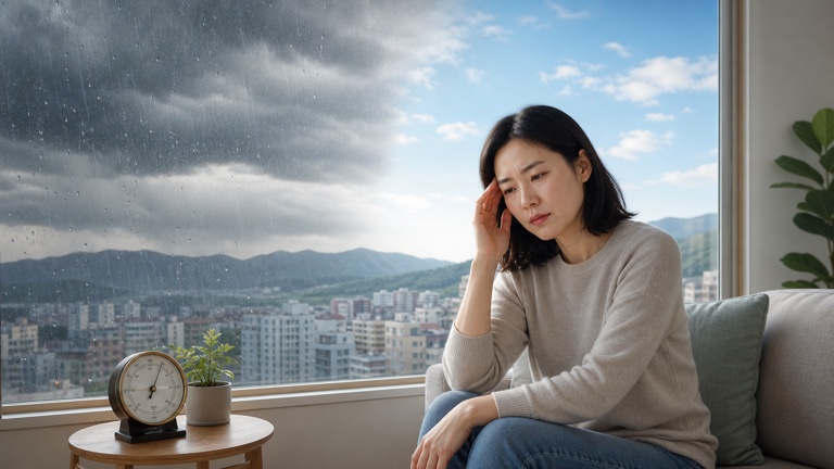비 오는 저기압 날씨와 맑은 고기압 날씨 사이에서 두통을 느끼는 사람과 기압계를 통해 저기압·고기압과 몸의 컨디션을 표현한 대표 이미지