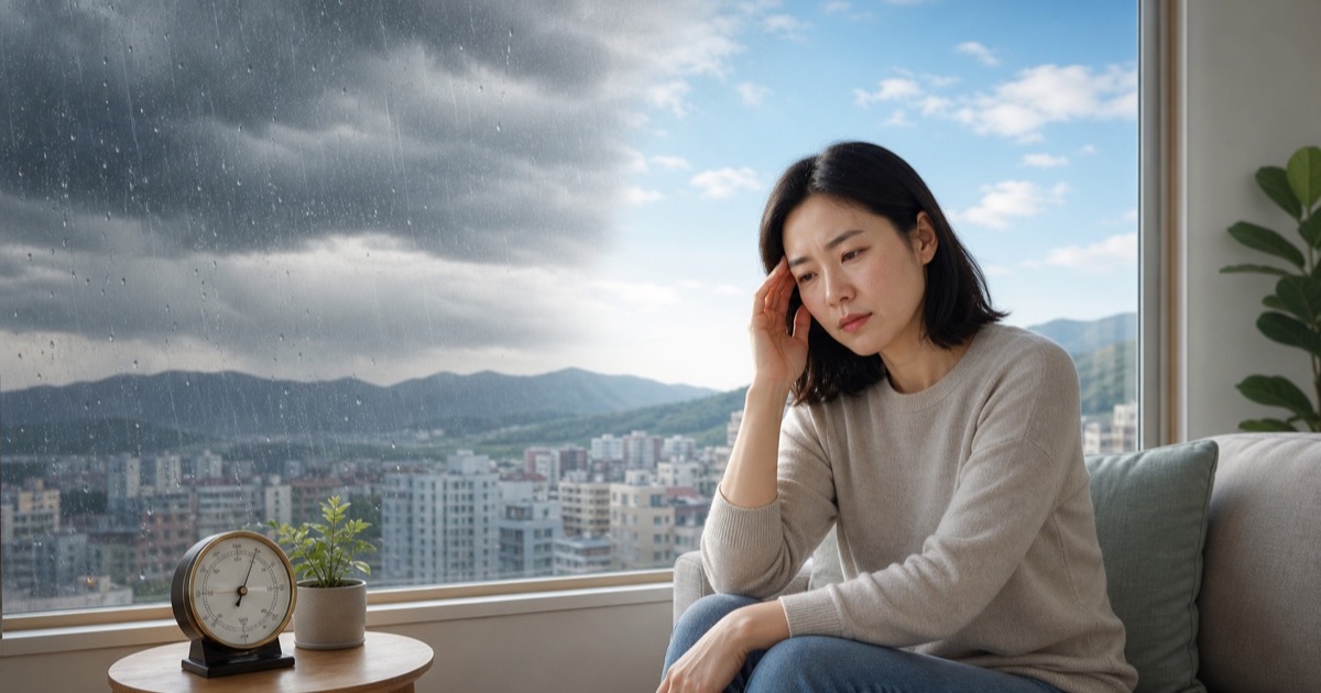 비 오는 저기압 날씨와 맑은 고기압 날씨 사이에서 두통을 느끼는 사람과 기압계를 통해 저기압·고기압과 몸의 컨디션을 표현한 대표 이미지