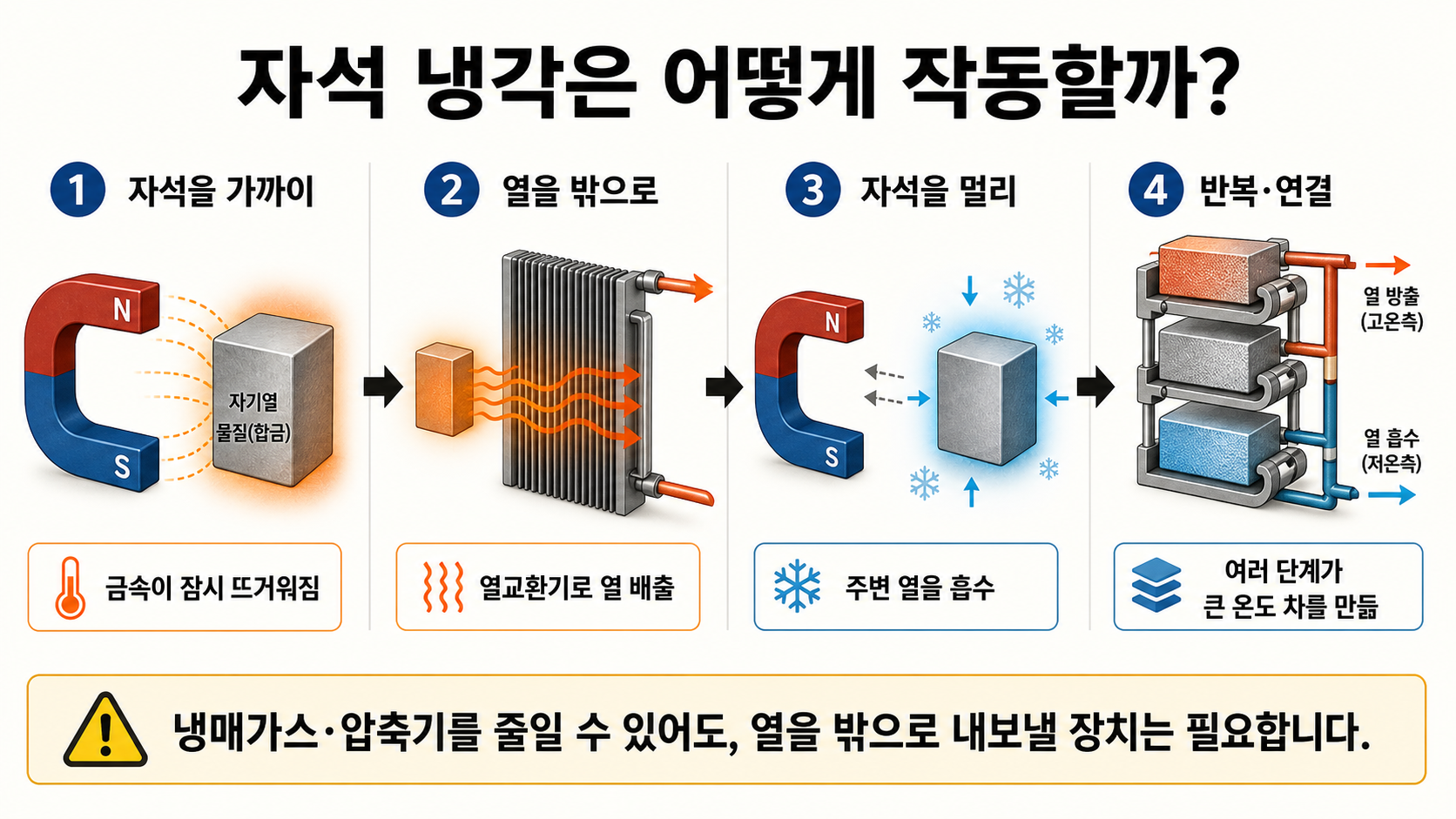 자석을 가까이해 금속을 데우고 열교환기로 열을 내보낸 뒤, 자석을 멀리해 주변 열을 흡수하는 자기 냉각의 네 단계를 보여주는 인포그래픽