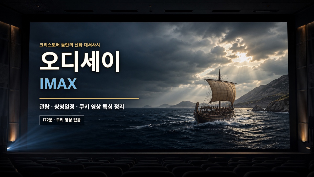 대형 영화관 스크린 속 고대 그리스 함선과 오디세이 IMAX 관람·상영일정·쿠키 영상 핵심 정리 문구