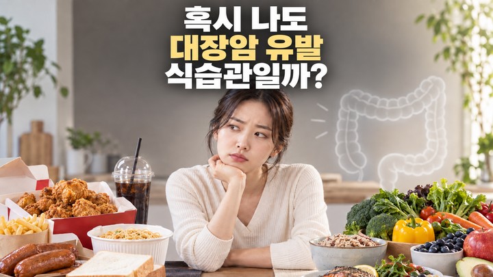 대장암 유발 식습관을 점검하는 젊은 성인이 배달 음식과 채소·통곡물 중심 식사 사이에서 고민하는 모습