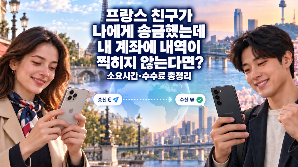 프랑스에서 유로를 보내 한국 계좌로 원화를 받는 국제송금 과정을 표현한 대표 이미지