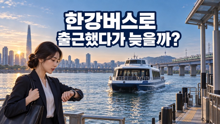 출근시간을 확인하는 직장인과 한강버스, 지하철을 함께 표현한 대표 이미지
