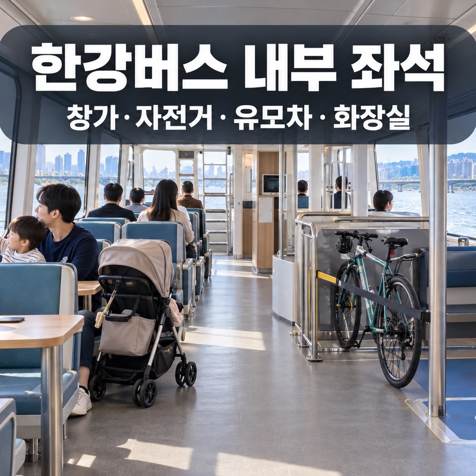 한강버스 객실의 창가 좌석과 유모차, 자전거 거치 공간, 휠체어 우선 공간