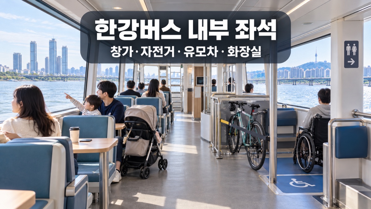 한강버스 객실의 창가 좌석과 유모차, 자전거 거치 공간, 휠체어 우선 공간