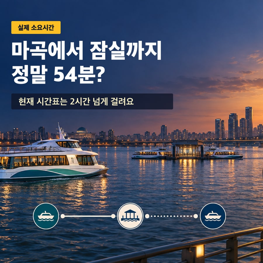 한강버스 마곡에서 잠실까지 실제 소요시간과 여의도 환승 대기를 표현한 대표 이미지