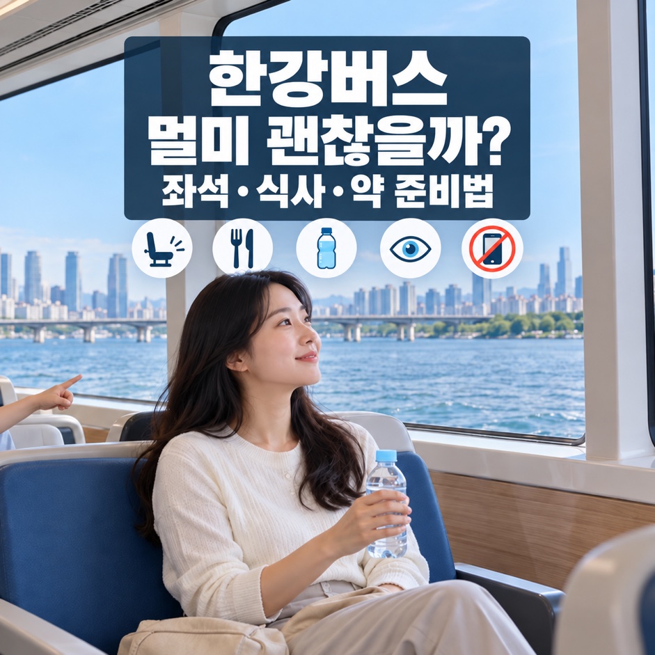 한강버스 객실 가운데 좌석에서 물을 들고 수평선을 바라보는 승객