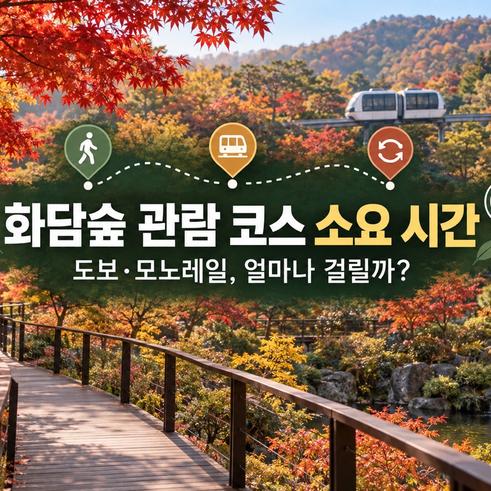 단풍이 든 화담숲 산책로와 모노레일 위에 화담숲 관람 코스 소요 시간 제목을 크게 표시한 대표 이미지