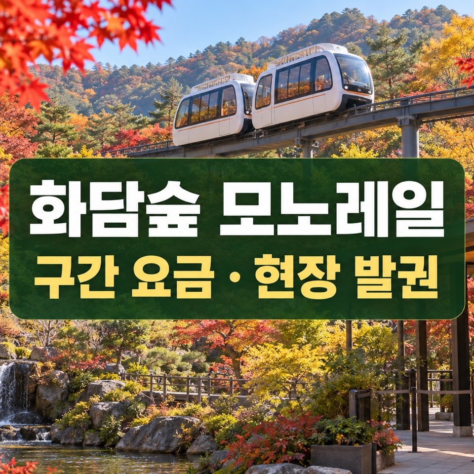가을 화담숲을 달리는 모노레일과 무인발권기 위에 화담숲 모노레일 구간 요금 및 현장 발권 제목을 표시한 대표 이미지
