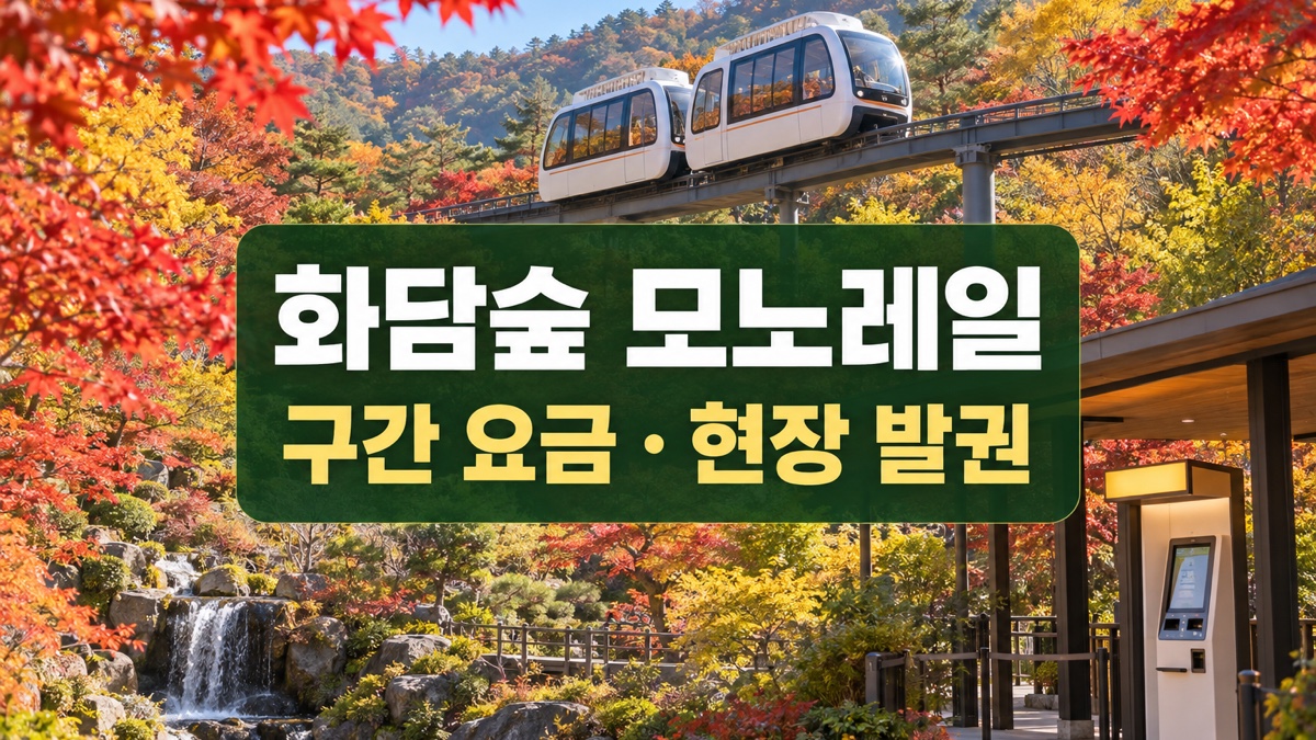 가을 화담숲을 달리는 모노레일과 무인발권기 위에 화담숲 모노레일 구간 요금 및 현장 발권 제목을 표시한 대표 이미지