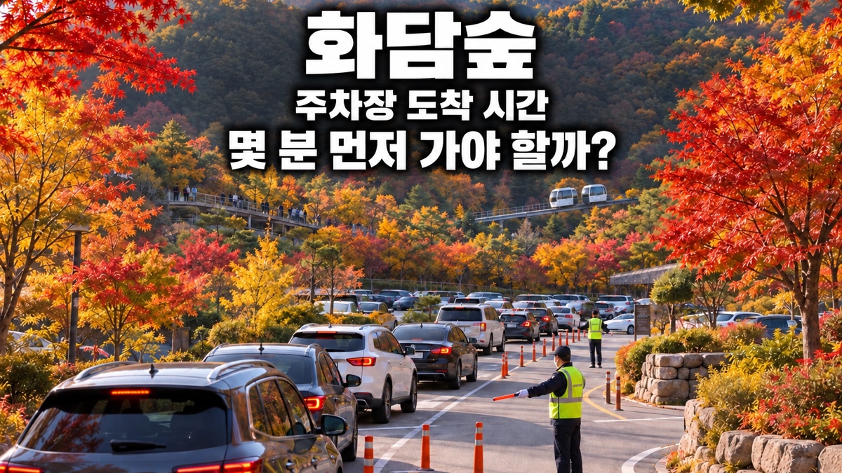 화담숲 주차장 도착 시간을 안내하는 제목과 단풍철 곤지암리조트 주차장에 줄지어 들어가는 차량 모습