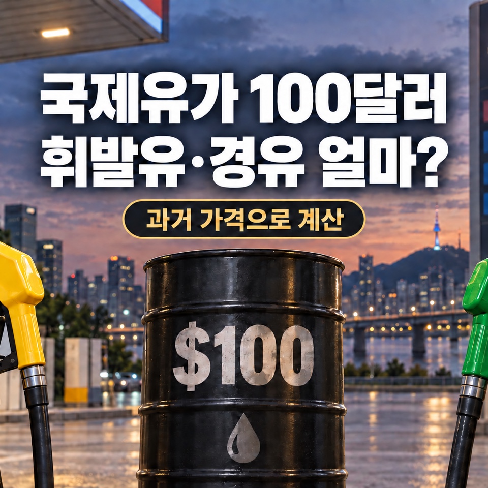 국제유가 100달러와 한국 휘발유·경유 예상 가격을 주유기와 원유 드럼으로 표현한 대표 이미지