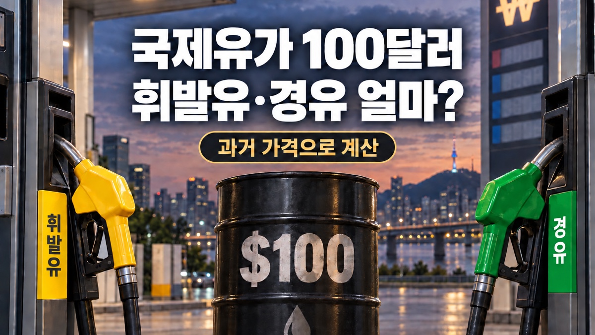 국제유가 100달러와 한국 휘발유·경유 예상 가격을 주유기와 원유 드럼으로 표현한 대표 이미지