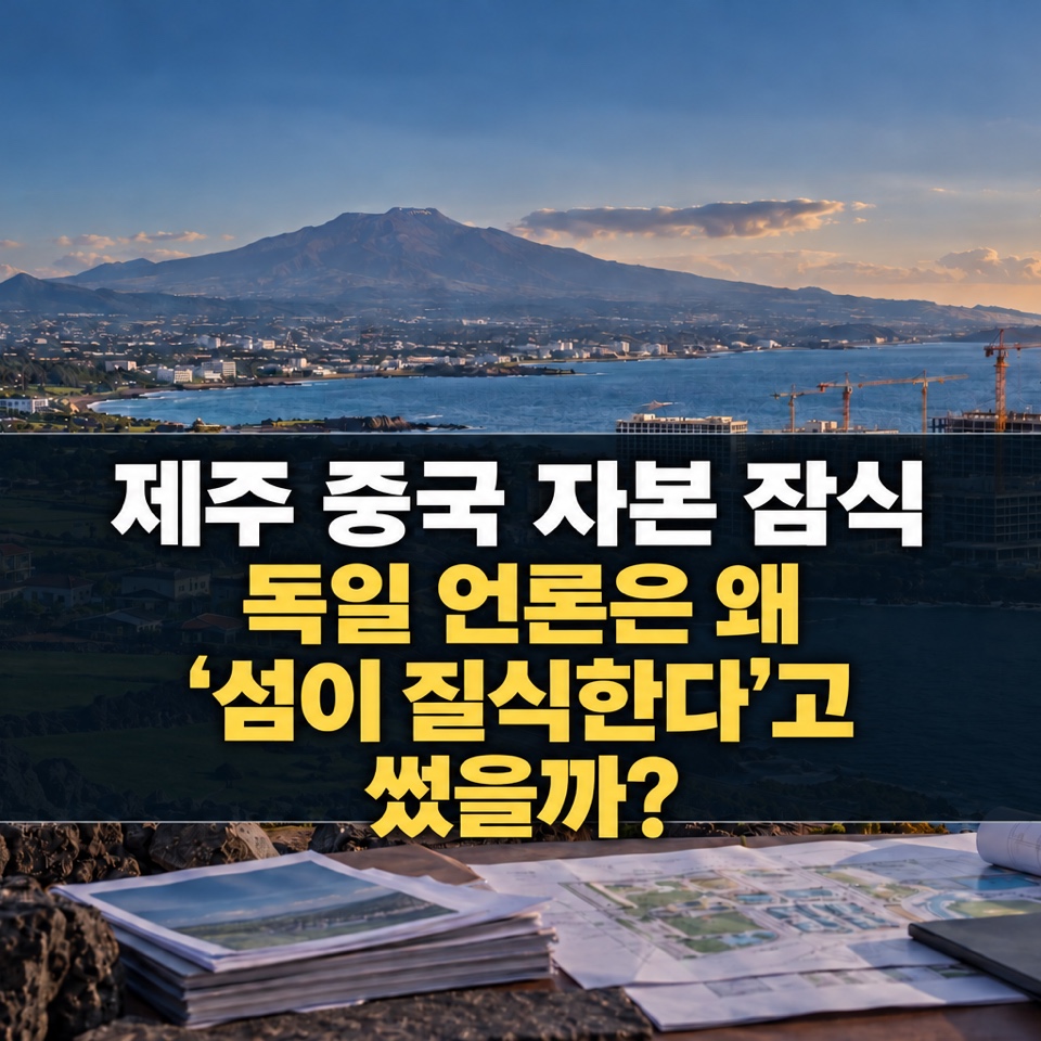 제주 해안과 대형 관광시설 공사 현장을 배경으로 제주 중국 자본 잠식과 독일 언론의 섬 질식 보도를 묻는 제목이 크게 표시된 대표 이미지