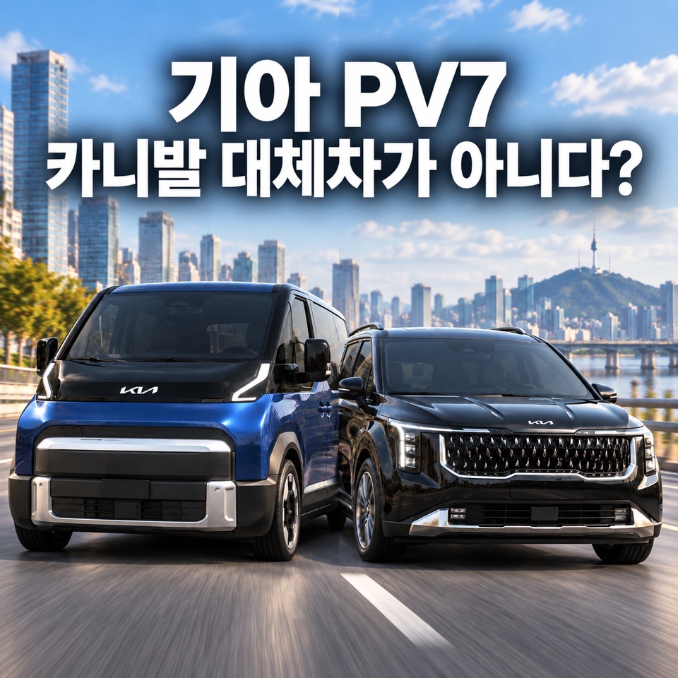 서울 도심 도로에서 파란색 기아 PV7과 검은색 카니발이 나란히 경쟁하는 구도와 카니발 대체차가 아니다 문구가 표시된 대표 이미지