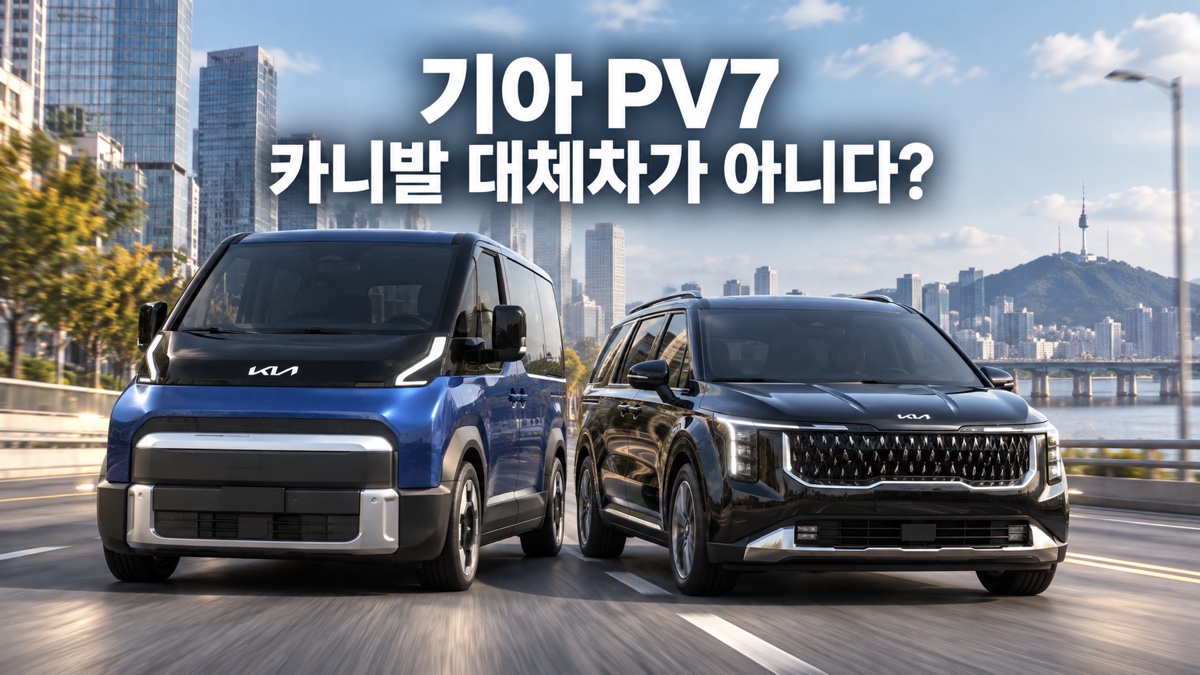 서울 도심 도로에서 파란색 기아 PV7과 검은색 카니발이 나란히 경쟁하는 구도와 카니발 대체차가 아니다 문구가 표시된 대표 이미지