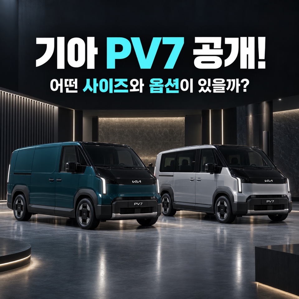 전시장에서 청록색 기아 PV7 카고와 은색 PV7 패신저를 나란히 보여주며 사이즈와 옵션을 묻는 대표 이미지