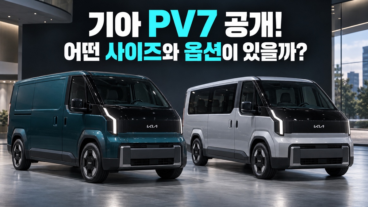 전시장에서 청록색 기아 PV7 카고와 은색 PV7 패신저를 나란히 보여주며 사이즈와 옵션을 묻는 대표 이미지