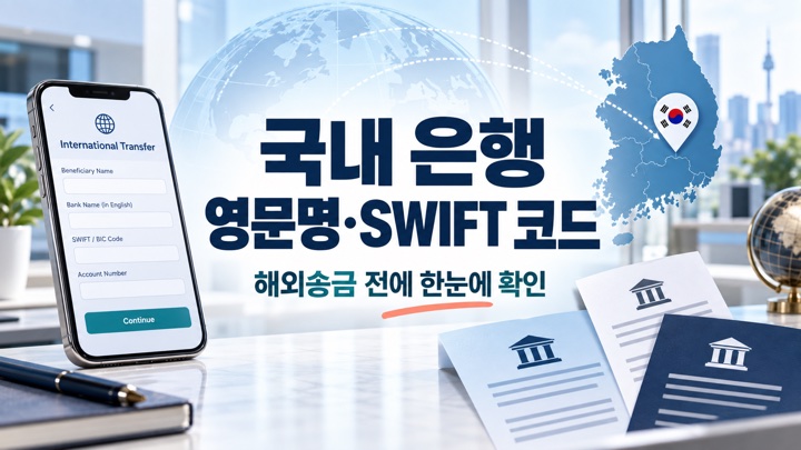 국내 은행 영문명과 SWIFT 코드를 해외송금 전에 확인하는 방법을 표현한 대표 이미지