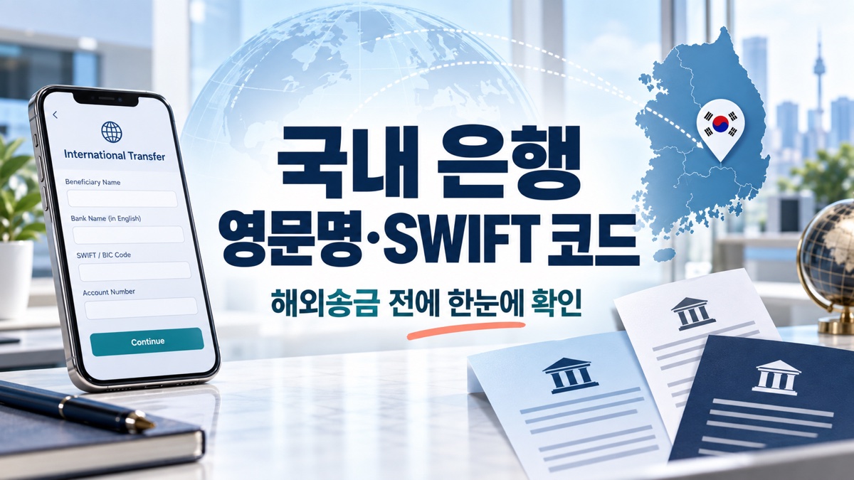 국내 은행 영문명과 SWIFT 코드를 해외송금 전에 확인하는 방법을 표현한 대표 이미지