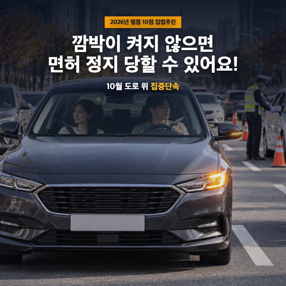 방향지시등을 켠 자동차와 안전띠를 맨 탑승자, 안전모를 쓴 운전자 위에 깜박이 미점등과 면허 정지 가능성을 알리는 문구가 표시된 대표 이미지